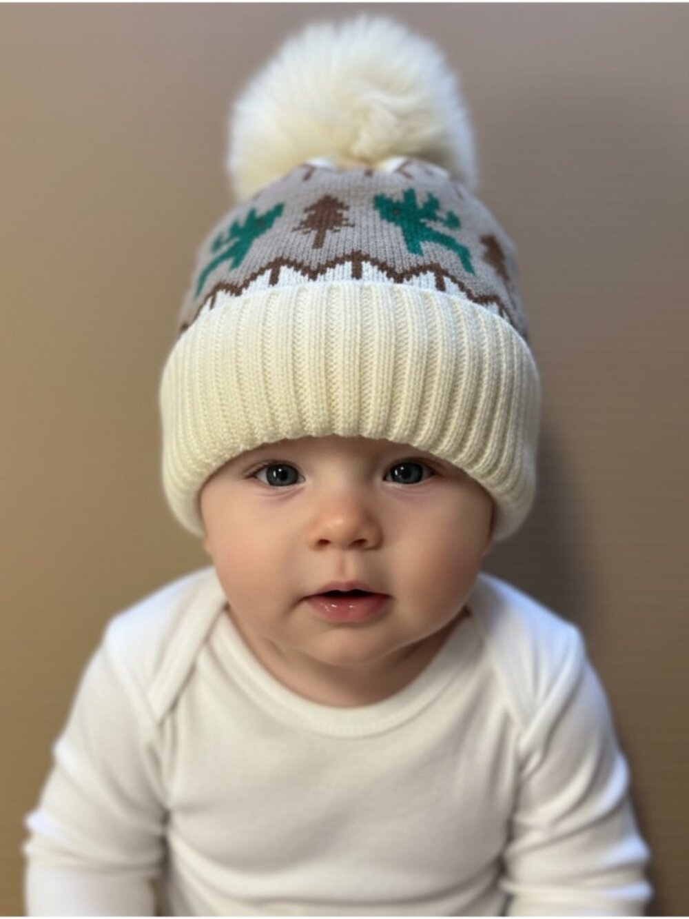 Toddler Winter Beanie Hat Fair Isle Deer Tree Pattern Faux Fur Pom Pom